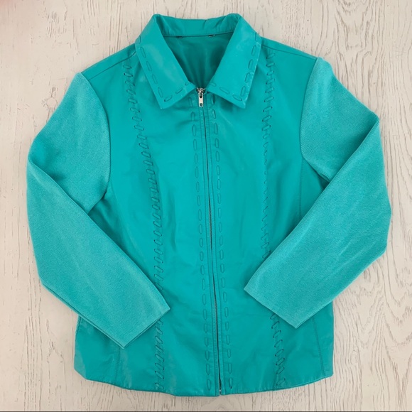 NYGARD | TURQUOISE LEATHER WOVEN LIGHTWEIGHT SHOWSTOPPER MOTO JACKET STATEMENT - Picture 9 of 12